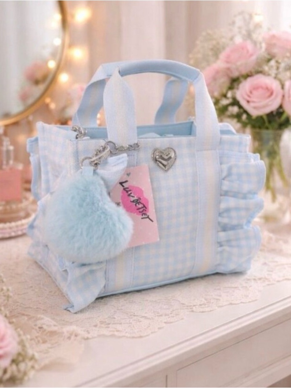 Betsey Johnson Pastel Blue & White Gingham Tote with Heart Charm - Picture 1 of 7